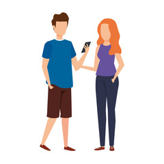 Obraz premium young couple using smartphone characters