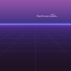 Abstract background with perspective. Digital futuristic design - retro 80-90s style. Grid neon surface