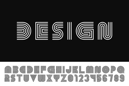 Modern stylized striped font - vector minimalistic design. Trendy english alphabet - simple latin letters and numerals.