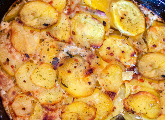 Serbian dish mousaka, balkan cuisine like traditional assorted dish background