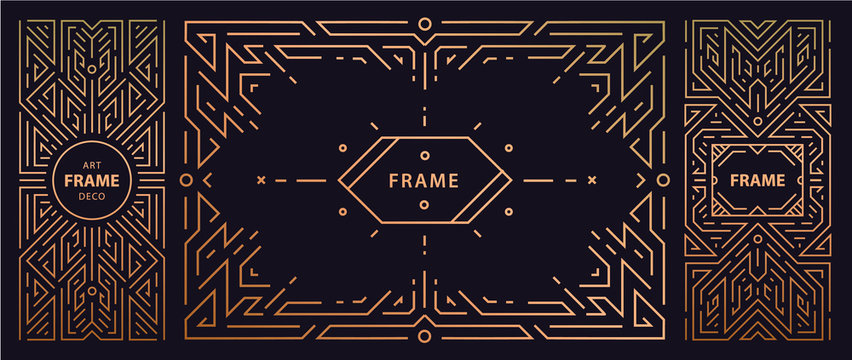 Vector set of art deco frames, adges, abstract geometric design templates for luxury products. Linear ornament compositions, vintage. Use for packaging, branding, decoration