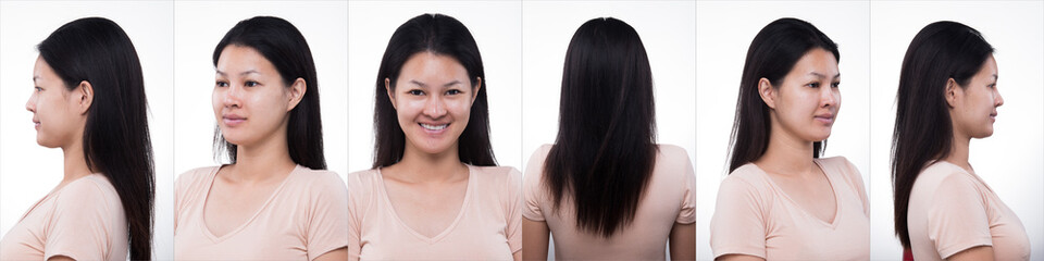 Collage group pack of Asian Woman before applying make up hair style. no retouch, fresh face with acne, lips, cheek, smooth skin. Studio lighting white background, for aesthetics therapy treatment