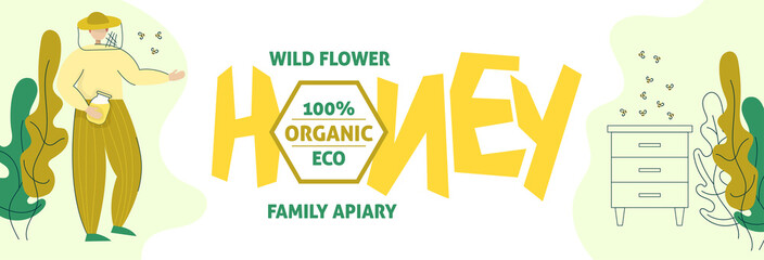 Beekeeper in a protective suit stand with a jar of honey. Honey organic business production process banner. Isolated flat trendy cartoon modern style Illustration character image