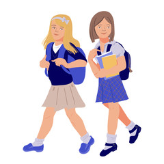 Two little school girls or pupils in the school uniform going to school flat vector illustration isolated on white background. Back to school autumn season concept. 