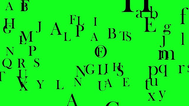 Flying letters or alphabets of English language on green background. Flying letters concept of the end of writings in scriptures or books