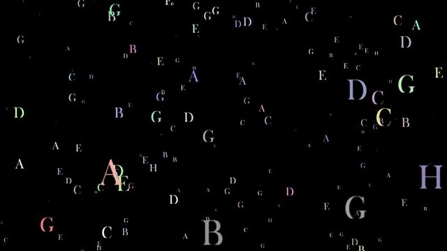 Flying letters or alphabets of English language on black background. Flying letters concept of the end of writings in scriptures or books