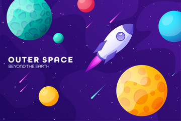 Naklejka premium Space futuristic modern colorful background with rocket. Starship, spaceship in night sky. Solar system, galaxy and universe exploration. Vector illustration.