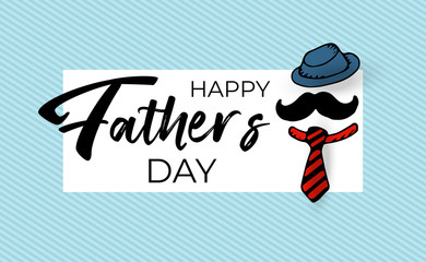 Happy father`s day vector type with hand drawn mustache men on white and blue background. Happy Fathers Day calligraphy for sale banner, greeting card, flyer design. Best friendship dad gift - Vector