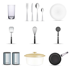 Pan vector kitchenware or cookware for cooking food with kitchen utensil cutlery and plate illustration set of dishware and frying-pan or pot isolated on white background. vector illustration, eps 10