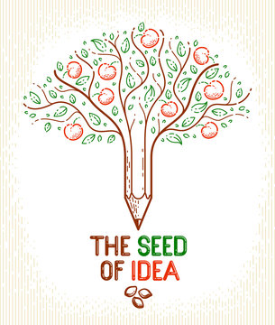 Beautiful fruit apple tree with pencil combined into a symbol, Idea seed concept vector classic style logo or icon. Strong thoughts virus idea allegory.