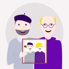 Obraz premium Friends met on the day of friendship and keep photos of their youth. Vector illustration.
