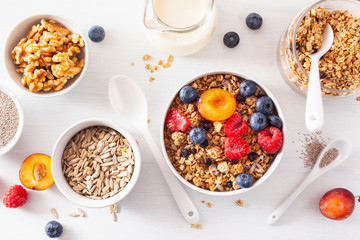 healthy granola for breakfast with berry fruit nut, vegan milk