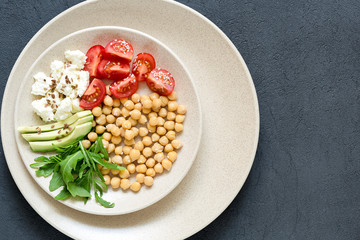Healthy homemade chickpea and vegetables salad, diet, vegetarian, vegan food, spring detox, copy space