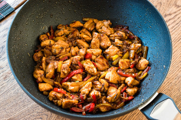 Manchurian Chicken with Soy Sauce, Julienne  Vegetables in Iron Wok Pan / Asian Style Cooking