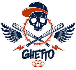 Gang brutal criminal emblem or logo with aggressive skull baseball bats and other weapons and design elements, vector anarchy crime terror retro style, ghetto revolutionary.