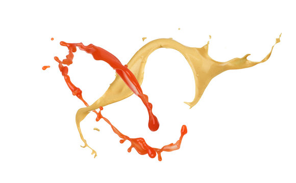 splash of mustard and ketchup on white background