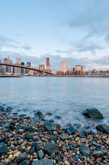 Manhattan Skyline from Pebble Beach in Brooklyn, United States.