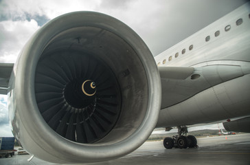 Closeup of an airplane turbine front view. Turbine Airbus 330.