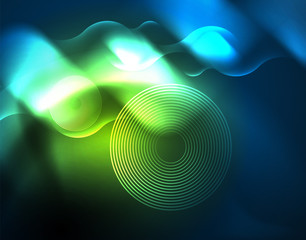 Neon glowing wave lines, blue hi-tech futuristic abstract background template