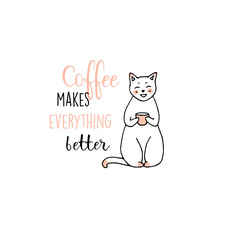 Cute cat with coffee sketch vector 