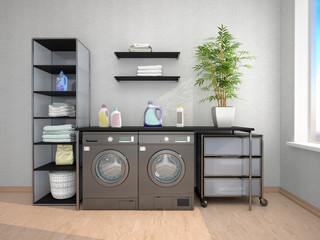 Laundry room design with washing machine. 3d illustration