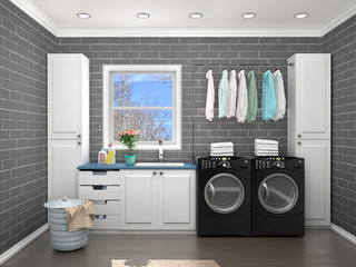 Laundry room design with washing machine. 3d illustration