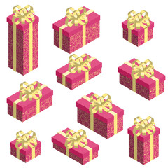 Set of isometric gift boxes with red pattern wrap and golden bow. Vector illustration isolated on white background.