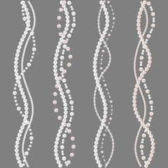 Set of pearl borders isolated on gray background. Vector dividers for decoration, wedding invitation or greeting cards, banners.