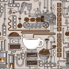 Deurstickers Koffie Vector naadloos patroon op koffiethema met een kopje vers gezette koffie, plant met transportbandkoffieproductie in retrostijl en met woorden koffiehuis.