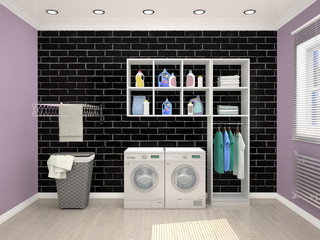 Laundry room design with washing machine. 3d illustration