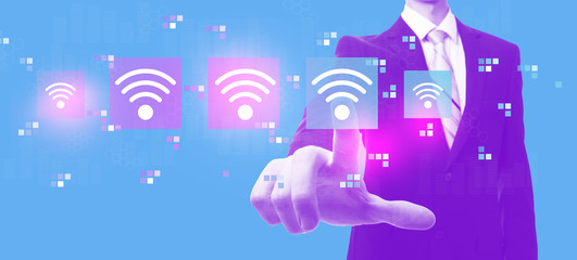 Wifi concept with businessman in a purple and blue duotone
