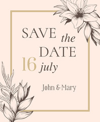 Save the date template design pastel colors with hand drawn flowers decor intitation vector