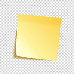 Realistic sticky note with shadow. Yellow paper. Message on notepaper. Reminder. Vector illustration.