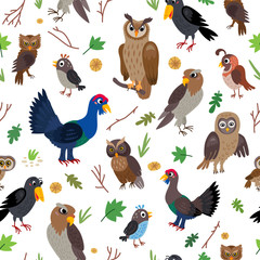 A Bird forest Seamless Pattern. Woodland animals.