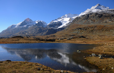 Glacier lake in the swiss alps mountains on Bernina in the Engadina