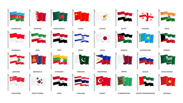 Flags of Asia, waving in the wind - Vector world flags collection, eps 10
