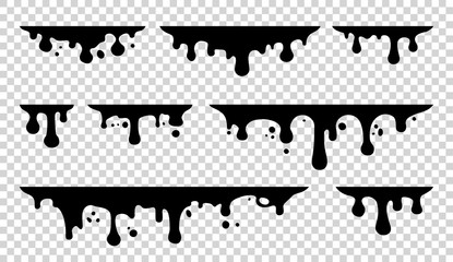 Paint dripping. Dripping liquid. Paint flows. Current paint, stains. Current drops. Current inks. Vector illustration. Color easy to edit. Transparent background.