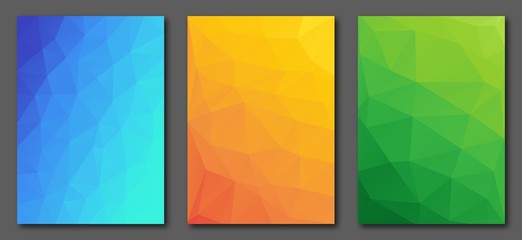 Collection polygonal abstract a4 size templates. Colorful vector gradient design for flyers, posters, placards.