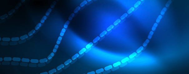 Smooth wave lines on blue neon color light background. Glowing abstract wave on dark, shiny motion, magic space light