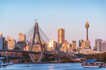 Sydney business district cityscape with Anzac bridge and harbour view