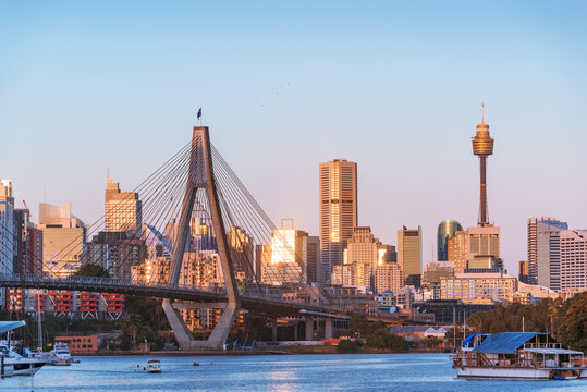 Sydney business district cityscape with Anzac bridge and harbour view