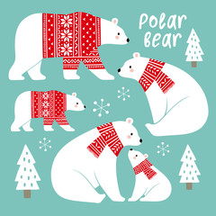 Hand drawn cute vector polar bears in winter clothes. Perfect for tee shirt logo, greeting card, poster, invitation or print design. 