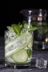 Infused cucumber drink with mint. Detox water.Selective focus