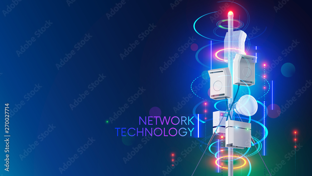 Poster 5g cell network communication tower or antenna transmits wireless signal on mobile devices. Cellular high speed internet. Fifth generation telecommunication technology. Tech background concept.