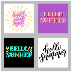 Set of summer phrases. Hello summer. Colorful vector design elements. Handwritten lettering, 3 d effect. Isolated colors.