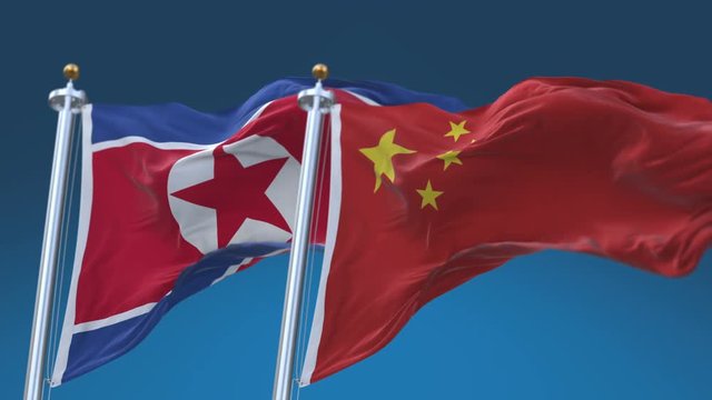 4k Seamless North Korea and China Flags with blue sky background;A fully digital rendering;The animation loops at 20 seconds;DPRK CHN CN.
