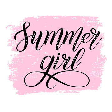 Summer girl. Black calligraphic cursive on pink stroke background. Vector design element for card or clothes. Script lettering. Isolated colors. Colorful square illustration.