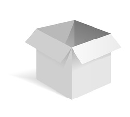 Opened white paper box. White mockup. Side view. Vector 3d isometric illustration isolated on white background.