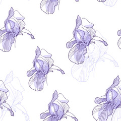 Iris flower graphic pattern violet on white background vector seamless