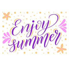 Enjoy summer. Purple cursive, pink and yellow decorative ornament. Colorful vector design element. Inspirational script lettering. Calligraphic style. Isolated colors.